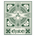 Irish design in vintage, retro style. Celtic style cross with ethnic knot ornament and Celtic style clover