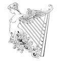 Irish design in vintage, retro style. Harp in the Celtic style with an ethnic ornament in the form of a female figure