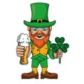 Irish elf with beer and clover cartoon