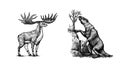 Irish elk or Giant deer and Ground sloth or Megatheriidae and Great Horn. Prehistoric mammals. Extinct animal. Vintage