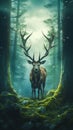 Irish Elk Standing Majestically in a Fantasy Forest. Generative ai