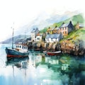 Irish fishing village watercolor Royalty Free Stock Photo