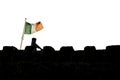 Irish flag over a dark castle wall silhouette.