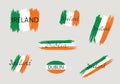 Irish flag set with handwritten lettering Ireland and Dublin. Brush stroked national country design element set. Capital city