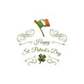 Irish flag with shamrock. Patricks day greeting card. Vector illustration.