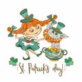 Irish girl with a cat postcard for St. Patrick`s day. Vector