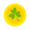 Irish gold coin with shamrock on St. Patrick Day. Traditional money shamrock leaf. Irish coin icon, Saint Patrick\'s Day Royalty Free Stock Photo