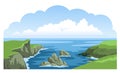 Irish green rocky coastline. Seascape panoramic view. Ocean landscape with big cloud. Nature hand-drawn illustration