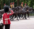 Irish Guard salutes as Household Cavalry pass in front at Trooping Colour parade, London UK