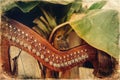 Irish harp and smal bird. Instrument closeup.