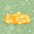 Irish holiday St. Patrick`s Day theme. Cartoon vector icon. A pile of golden coins on a seamless pattern Royalty Free Stock Photo