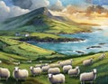 Irish landscape with green meadows and sea, sheep in the foreground