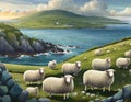 Irish landscape with green meadows and sea, sheep in the foreground