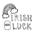 Irish Luck Logo with Rainbow and Pot of Gold. In Circle frame of clover. Outline. Typographic design for St. Patrick Day. Savoyar Royalty Free Stock Photo