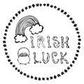 Irish Luck Logo with Rainbow and Pot of Gold. In Circle frame of clover. Outline. Typographic design for St. Patrick Day. Savoyar Royalty Free Stock Photo