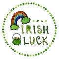 Irish Luck Logo with Rainbow and Pot of Gold. In Circle frame of clover. Outline. Typographic design for St. Patrick Day. Savoyar Royalty Free Stock Photo