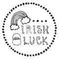 Irish Luck Logo with Rainbow and Pot of Gold. In Circle frame of clover. Outline. Typographic design for St. Patrick Day. Savoyar Royalty Free Stock Photo
