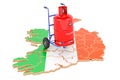 Irish map with propane gas cylinder on hand truck. Gas Delivery Service in Ireland, concept. 3D rendering