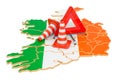 Irish map with traffic cones and warning triangle, 3D rendering