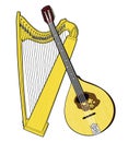 Irish National Musical Instruments. Celtic Harp and Irish Bouzouki