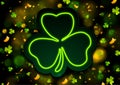 Irish neon shamrock clover with bokeh lights abstract background