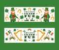 Irish pub banners, vector illustration. St Patricks day festival, traditional holiday in Ireland. Smiling leprechaun and