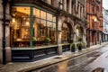 Irish pub in contemporary building window facade. Green decor elements. Street view