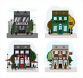 Irish pub exterior vector illustration. Flat design of facade. Beer house building concept. Emerald two-story restaurant