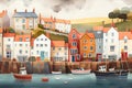 Irish seaside town fishing village harbour scene watercolour Ireland