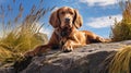 Irish Setter Dog Resting On Rock With Blue Sky Background