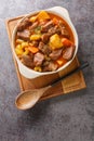 Irish stew stobhach is a stew native to Ireland that is traditionally made with root vegetables and meat closeup in the pot.