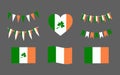 Irish symbols decorative elements of St. Patrick Day. National flag of Ireland, traditional leaf of Clover and Shamrock