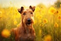 Irish terrier dog sitting in meadow field surrounded by vibrant wildflowers and grass on sunny day ai generated Royalty Free Stock Photo