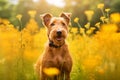 Irish terrier dog sitting in meadow field surrounded by vibrant wildflowers and grass on sunny day ai generated Royalty Free Stock Photo