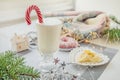 Irish traditional winter cream cocktail eggnog in a glass mug with milk, rum and cinnamon, banana covered with whipped cream, Royalty Free Stock Photo