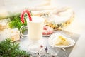 Irish traditional winter cream cocktail eggnog in a glass mug with milk, rum and cinnamon, banana covered with whipped cream, Royalty Free Stock Photo