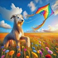 Irish Wolfhoound Flying a Rainbow Kite Royalty Free Stock Photo