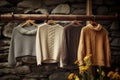 irish wool sweaters hung on a wooden rail