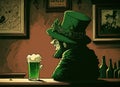 Irishman in a green hat drinks beer in a bar on St. Patrick`s Day. Cartoon style