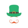 Irishman with orange graceful mustache and green hat on white background.