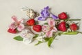 Pink and white Alstroemerias and purple iris near strawberry Royalty Free Stock Photo