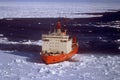 Irizar icebreaker saling across the antarctica, View of the bow of the ship and sea and ice to the horizon