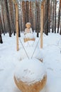 Irkutsk Region,Ru-Jan, 03 2015: The composition of Perpetuum Mobile. Park of wooden sculptures in Savvateevka Village