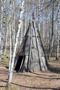 Irkutsk region,RU-May,10 2015: Pole chum - portable dwelling in a conical shape, covered with bark. Museum of Wooden