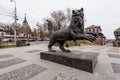 IRKUTSK, RUSSIA - APRIL 27, 2020: Babr Sculpture siberian tiger symbol of Irkutsk city Royalty Free Stock Photo