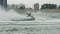 Irkutsk, Russia - August 3 2019: Baikal Jet Fest, BJF. Jet ski racing. Jet ski race in slow motion 180fps. Man riding