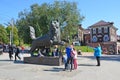 Irkutsk, Russia, August, 29, 2017. People walking near Babr - the symbol of the city of Irkutsk in summer Royalty Free Stock Photo