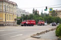 Irkutsk, Russia - July 31, 2021 Firefighting vehicles are on way urgent call. Editorial