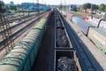 Irkutsk, Russia July 24, 2021 - Open gondola cars with black coal the station Royalty Free Stock Photo