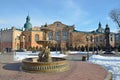 Irkutsk, Russia, March, 03, 2017. Fountain `Swan song` and `big Ben` in the Park of the 350 anniversary of Irkutsk in the early sp Royalty Free Stock Photo